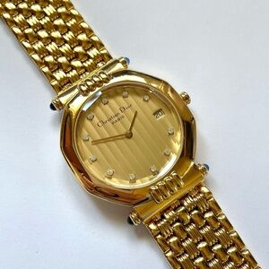 Vintage Christian Dior Octagon Gold Watch Diamond Markers Date Dial
